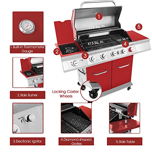 Royal Gourmet GA5403R Premier 5 BBQ Propane Gas Grill with Rotisserie Kit, Sear, Rear Side Burner, Patio Picnic Backyard Cabinet Style Outdoor Party Cooking, Red