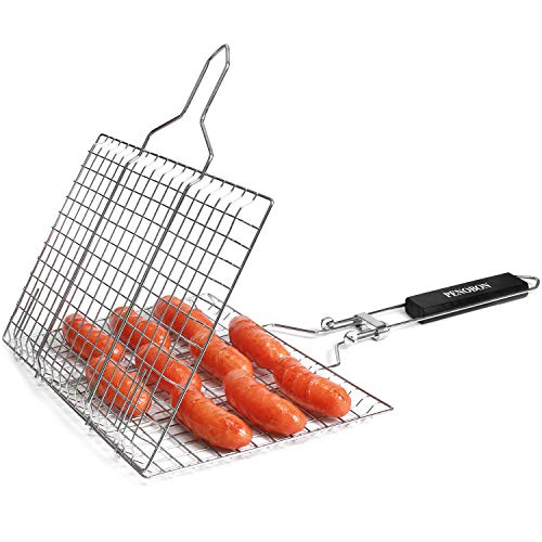 Fish Grilling Basket, Folding Portable Stainless Steel BBQ Grill Basket for Fish Vegetables Shrimp with Removable Handle, Come with Basting Brush and Storage Bag (01)