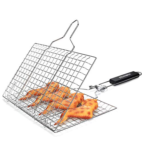 Fish Grilling Basket, Folding Portable Stainless Steel BBQ Grill Basket for Fish Vegetables Shrimp with Removable Handle, Come with Basting Brush and Storage Bag (01)