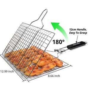 Fish Grilling Basket, Folding Portable Stainless Steel BBQ Grill Basket for Fish Vegetables Shrimp with Removable Handle, Come with Basting Brush and Storage Bag (01)