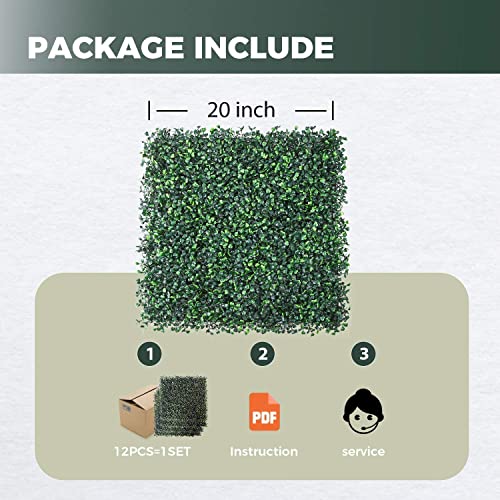Greener 12 Pcs 20x20 Inch Artificial Boxwood Hedge Panel 440 Stitches Topiary Greenery Grass Wall Backdrop Greenery Boxwood Panels Privacy Screen for Party, Garden, Balcony, Backyard Outdoor Indoor