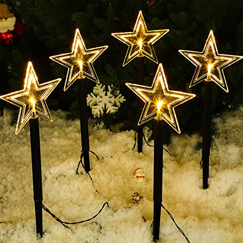 10 Pieces Solar Christmas Snowflake LED Pathway Star Outdoor Landscape Lights Waterproof 3D Snow Decorations Garden Spotlights for Winter Christmas Party Lawn Wedding Festival (Star Style)