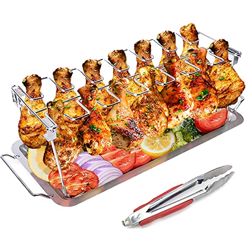 yamisan Chicken Leg Wing Grill Rack - 14 Slots Stainless Steel Roaster Stand with Drip Pan, BBQ Chicken Drumsticks Rack for Smoker Grill or Oven