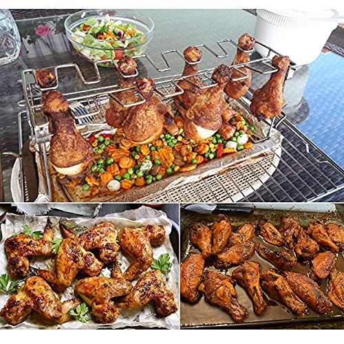 yamisan Chicken Leg Wing Grill Rack - 14 Slots Stainless Steel Roaster Stand with Drip Pan, BBQ Chicken Drumsticks Rack for Smoker Grill or Oven