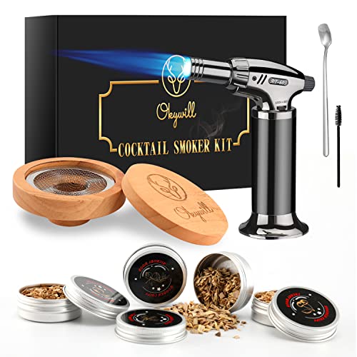 Cocktail Smoker Kit with Torch, OKYWILL Whiskey Bourbon Old Fashioned Smoker Kit with 4 Flavors Wood Chips for Drink, Wine, Gift for Men, Father, Husband, Boyfriend (No Butane)