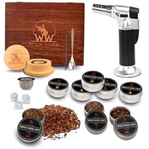 all star smoker wooden cocktail smoker kit with torch – 8 wood chips for smoker – smoke cocktail kit – drink smoker for whiskey – bourbon smoker kit for drinks – old fashioned smoker kit (no butane)