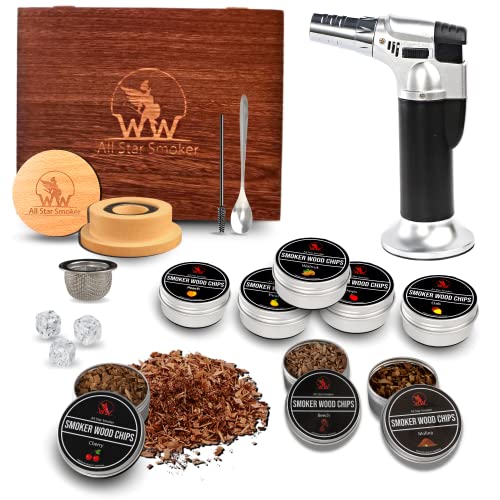 All Star Smoker Wooden Cocktail Smoker Kit with Torch - 8 Wood Chips for Smoker - Smoke Cocktail Kit - Drink Smoker for Whiskey - Bourbon Smoker Kit for Drinks - Old Fashioned Smoker Kit (No Butane)