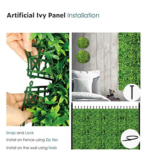 ECOOPTS 20" x 20" Artificial Grass Wall Faux Boxwood Panel Privacy Ivy Fence Screen Decoration for Backyard Garden Home Outdoor Indoor, Ivy, 6 Packs