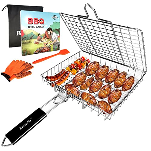 KARTALIO BBQ Stainless Steel Grill Basket,Barbecue Party Rustproof Grilling Basket, Large Folding Grilling baskets With Detachable Handle, Portable Outdoor Camping Accessories.