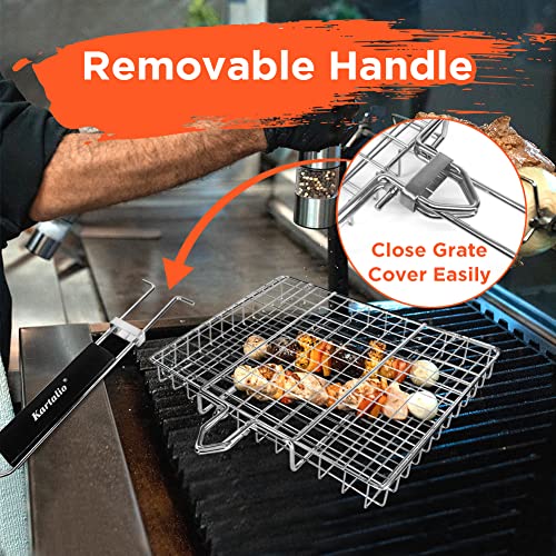 KARTALIO BBQ Stainless Steel Grill Basket,Barbecue Party Rustproof Grilling Basket, Large Folding Grilling baskets With Detachable Handle, Portable Outdoor Camping Accessories.