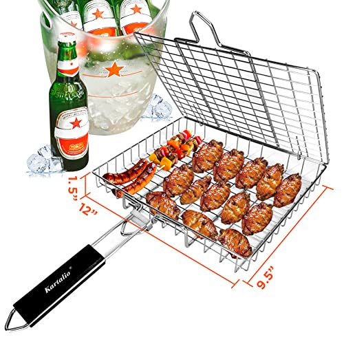 KARTALIO BBQ Stainless Steel Grill Basket,Barbecue Party Rustproof Grilling Basket, Large Folding Grilling baskets With Detachable Handle, Portable Outdoor Camping Accessories.