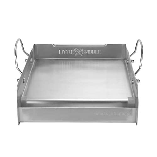 griddle-Q GQ120 100% Stainless Steel Medium-Sized Professional Griddle with Even Heating Bracing and Removable Handles for Charcoal/Gas Grills, Camping, Tailgating, and Parties (14"x16"x6.5")