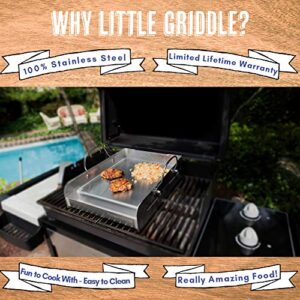 griddle-Q GQ120 100% Stainless Steel Medium-Sized Professional Griddle with Even Heating Bracing and Removable Handles for Charcoal/Gas Grills, Camping, Tailgating, and Parties (14"x16"x6.5")