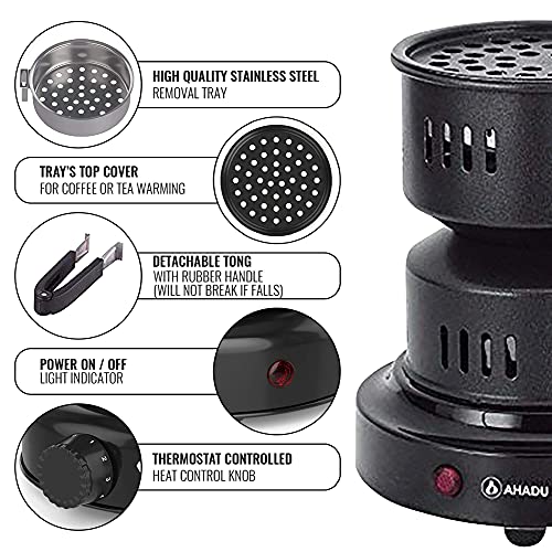 AHADU Premium Electric Charcoal Burner Coconut Coal Starter Hibachi Smart Overheating Control. Instant Coal Disk Tablet Fire Starter. Perfect Stove for Outdoor camping BBQ -Comes with Free Tong/Handle