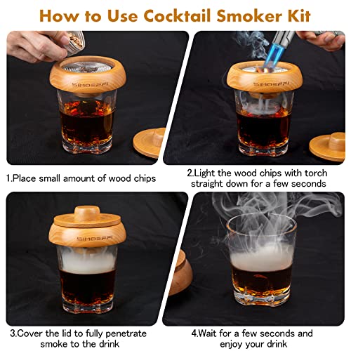 Cocktail Smoker Kit with Torch, Old Fashioned Smoker Kit for Bourbon Whiskey Drink, with 4 Different Flavor Wood Smoker Chips, Vodka/Gin/Tequila/Rum Liquor Gifts for Whiskey Lovers, Father(No Butane)