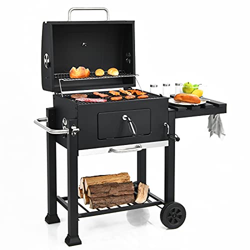 Giantex 24 inch Charcoal Grill with Folding Side Table, Large Grilling Area, Built-in Thermometer, Draw-out Ash Tray, BBQ Grill Outdoor Smoker with Wheels for Picnic Camping Patio Backyard Cooking