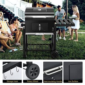 Giantex 24 inch Charcoal Grill with Folding Side Table, Large Grilling Area, Built-in Thermometer, Draw-out Ash Tray, BBQ Grill Outdoor Smoker with Wheels for Picnic Camping Patio Backyard Cooking