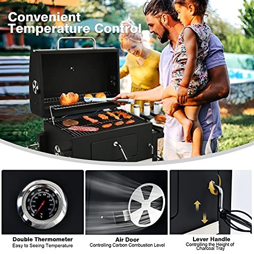 Giantex 24 inch Charcoal Grill with Folding Side Table, Large Grilling Area, Built-in Thermometer, Draw-out Ash Tray, BBQ Grill Outdoor Smoker with Wheels for Picnic Camping Patio Backyard Cooking