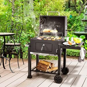 Giantex 24 inch Charcoal Grill with Folding Side Table, Large Grilling Area, Built-in Thermometer, Draw-out Ash Tray, BBQ Grill Outdoor Smoker with Wheels for Picnic Camping Patio Backyard Cooking