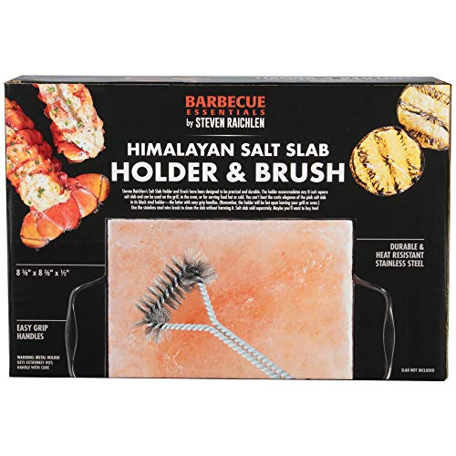 Steven Raichlen's Himalayan Salt Block Holder & Stainless Steel Wire Cleaning Brush- Easy-Grip Handles for Safety -Fits Any 8"x8" Salt Slab- Grilling Tool Essential - for Indoor Cooking & Outdoor BBQ