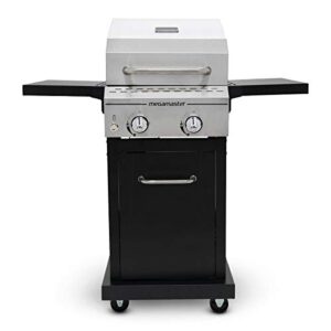 megamaster 720-0864ma 2 burner propane barbecue gas grill, for camping, outdoor cooking, patio, garden barbecue grill, 28000 btus, with foldable side table, silver and black