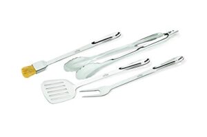 all clad bbq tool set, grill accessories, 4 pieces: fork, brush, locking tongs and turner. stainless steel, silver