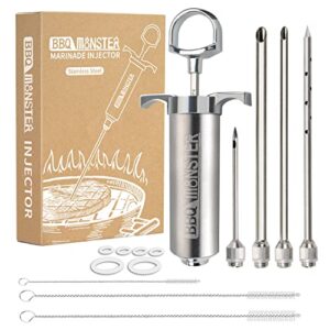 bbq monster meat injector syringe kit with 4 professional marinade injector needles for bbq grill smoker, turkey and brisket; 2-oz large capacity, including paper user manual, recipe e-book (pdf)