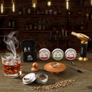 Bourbon Whiskey Cocktail Smoker Kit with Torch, Glexal Drink Smoker Infuser Kit with Four Flavors Wood Chips for Smoked Old Fashioned Cocktails, Whiskey Bourbon Gifts for Men Father's Day (No Butane)