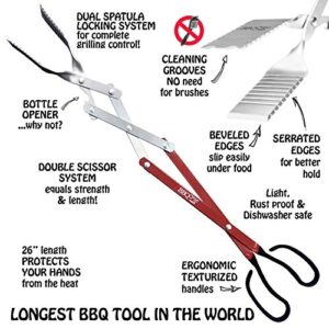 BBQCroc 3 in 1 Barbecue Tool 26-inch - Extra Light and Extra Long Tongs, Spatula and Grill Scraper (Red) – Longest BBQ Tool Ever!