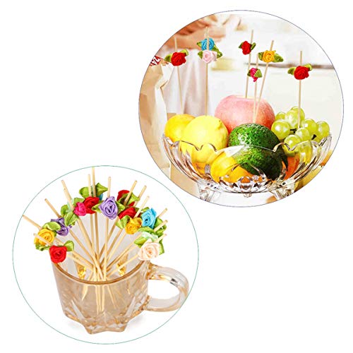 Minisland Multicolor Rose Flower Fancy Toothpicks for Appetizers 4.7 Inch Long Bamboo Cocktail Picks Bridal Shower Wedding Valentines Party Food Fruit Drinks Garnish Skewer Sticks 100 Counts -MSL129