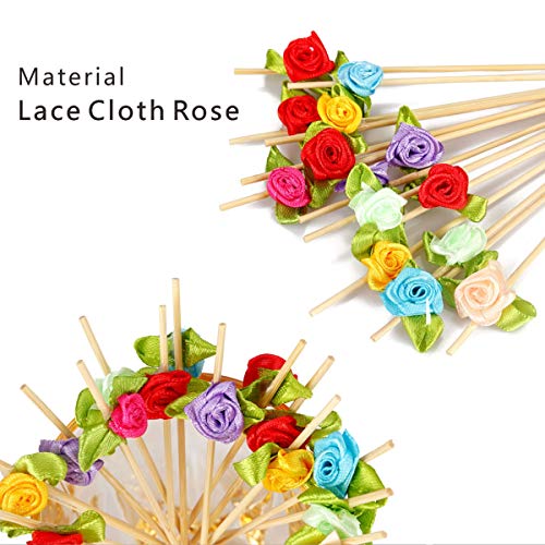 Minisland Multicolor Rose Flower Fancy Toothpicks for Appetizers 4.7 Inch Long Bamboo Cocktail Picks Bridal Shower Wedding Valentines Party Food Fruit Drinks Garnish Skewer Sticks 100 Counts -MSL129