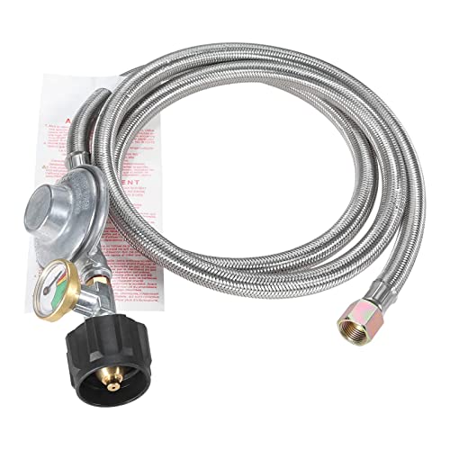 5FT Propane Regulator Stainless Braided Hose with Gauge, Low Pressure Propane Regulator with QCC1/Type 1 connector and 3/8 Female Flare, for Gas Grill, Heater, Burner Stove,Forced Air Heater, Smoker