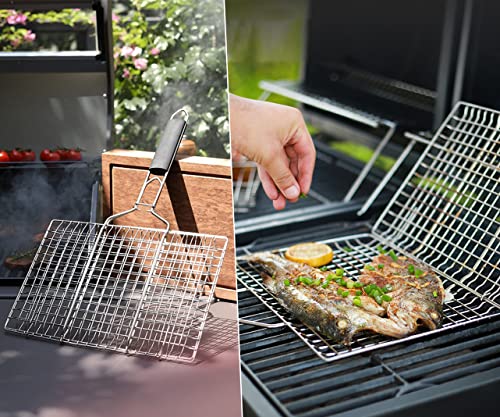 Grill Basket, 2 Pack Stainless Steel Fish Grill Rack, Portable BBQ Grilling Basket Outdoor Grill Accessories Barbecue Grilling Basket for Meat, Steak, Shrimp, Vegetables, Chops