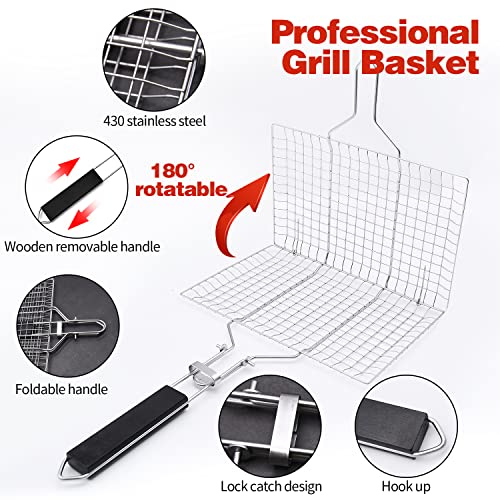 Grill Basket, 2 Pack Stainless Steel Fish Grill Rack, Portable BBQ Grilling Basket Outdoor Grill Accessories Barbecue Grilling Basket for Meat, Steak, Shrimp, Vegetables, Chops