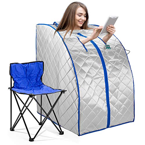 Infrared FAR IR Negative Ion Portable Indoor Personal Spa Sauna by Durherm with Air Ionizer, Heating Foot Pad and Chair, 30 Minutes Timer, Large, Silver