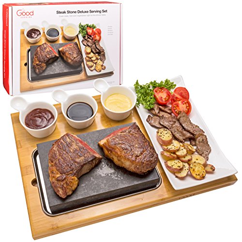 Cooking Stone- Complete Set Lava Hot Steak Stone Plate Tabletop Grill and Cold Lava Rock Indoor BBQ Hibachi Grilling Stone (8 1/8" x 5 3/16") w Ceramic Side Dishes and Bamboo Platter