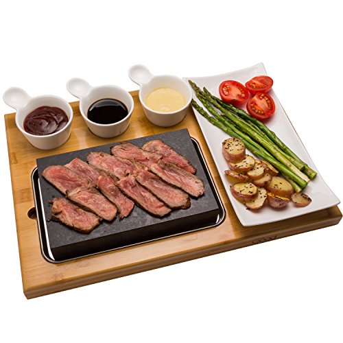 Cooking Stone- Complete Set Lava Hot Steak Stone Plate Tabletop Grill and Cold Lava Rock Indoor BBQ Hibachi Grilling Stone (8 1/8" x 5 3/16") w Ceramic Side Dishes and Bamboo Platter