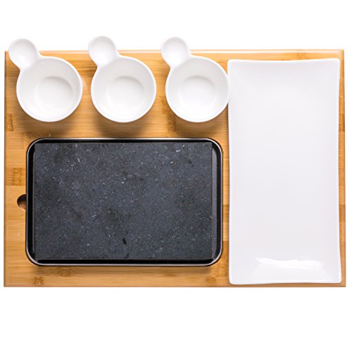 Cooking Stone- Complete Set Lava Hot Steak Stone Plate Tabletop Grill and Cold Lava Rock Indoor BBQ Hibachi Grilling Stone (8 1/8" x 5 3/16") w Ceramic Side Dishes and Bamboo Platter