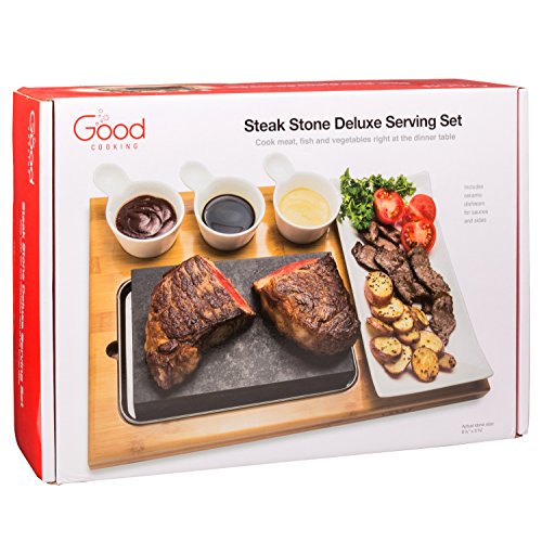 Cooking Stone- Complete Set Lava Hot Steak Stone Plate Tabletop Grill and Cold Lava Rock Indoor BBQ Hibachi Grilling Stone (8 1/8" x 5 3/16") w Ceramic Side Dishes and Bamboo Platter