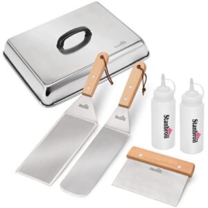 stanbroil bbq griddle accessories set of 6 – heavy duty stainless steel scraper, spatula, basting cover and bottles for blackstone, camp chef grill and outdoor griddle accessories