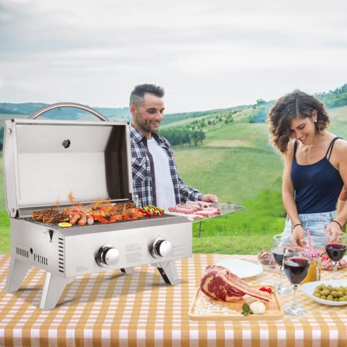 ROVSUN Extra Large 20,000 BTU Portable Gas Grill, 2 Burner Tabletop Propane Griddle with Foldable Legs, Regulator & Full Stainless Steel for Outdoor Picnic Camping Trip, Tailgating, Patio Garden BBQ Home Use
