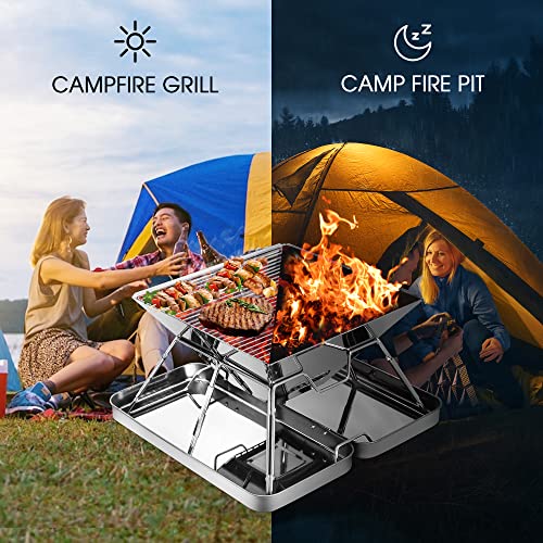 Fltom Portable Charcoal Grill, Folding Stainless Steel Camping Fire Pit, Backpacking Grill for Outdoor Cooking Hiking Camping Picnics