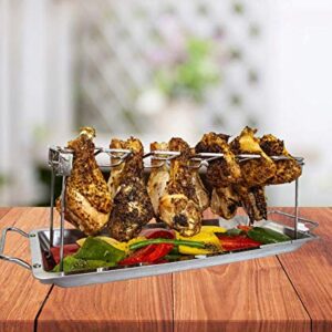 Chicken Leg Rack for Grill, Smoker or Oven; Great for Chicken Legs, Wings, or Drumsticks; Stainless Steel; Non-Toxic Drumstick Holder; Comes in a Box with Grill Drip Pan for Vegetables and Grill Tongs