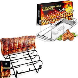 chicken drumstick grill rack – large capacity smoker stainless steel with a locking mechanism & deep drip tray bundle with mountain grillers rib racks for smoking holds 5 baby back ribs – black