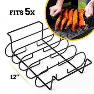 Chicken Drumstick Grill Rack - Large Capacity Smoker Stainless Steel With A Locking Mechanism & Deep Drip Tray Bundle with MOUNTAIN GRILLERS Rib Racks for Smoking Holds 5 Baby Back Ribs - Black