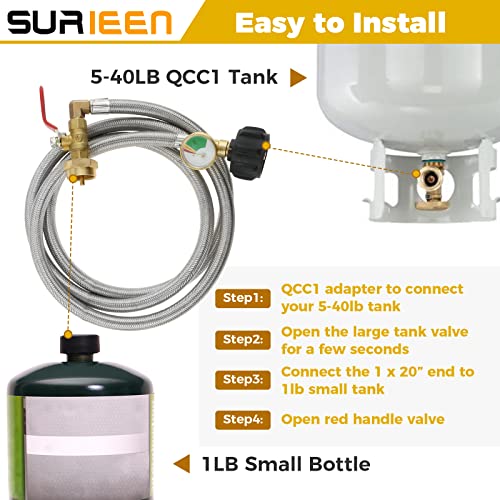 SURIEEN QCC1/Type1 Inlet Propane Refill Adapter Hose, 48" Stainless Braided Extension Propane Refill Hose with Gauge and ON/Off Control Valve for 1LB Propane Gas Tank 350PSI High Pressure Camping