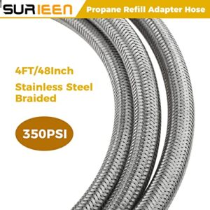 SURIEEN QCC1/Type1 Inlet Propane Refill Adapter Hose, 48" Stainless Braided Extension Propane Refill Hose with Gauge and ON/Off Control Valve for 1LB Propane Gas Tank 350PSI High Pressure Camping