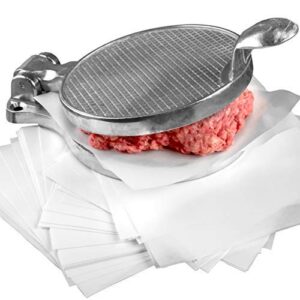 restaurant-grade burger press and patty paper combo set. cast aluminum 4.5 inch hamburger maker with 1000 pk 4.75 x 5 nonstick wax butcher squares! great for .25 lb ground beef or chop steak patties.