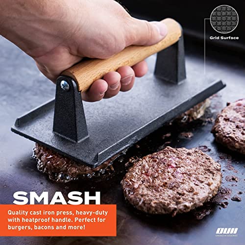 OUII Flat Top Griddle Accessories Set for Blackstone and Camp Chef Griddle 14 Pieces Set & 12 Inch Heavy Duty Round Basting Cover Cheese Melting Dome with Cast Iron Burger Bacon Press & Basting Brush