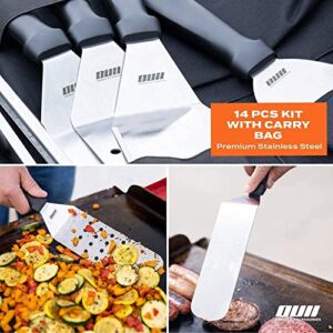 OUII Flat Top Griddle Accessories Set for Blackstone and Camp Chef Griddle 14 Pieces Set & 12 Inch Heavy Duty Round Basting Cover Cheese Melting Dome with Cast Iron Burger Bacon Press & Basting Brush